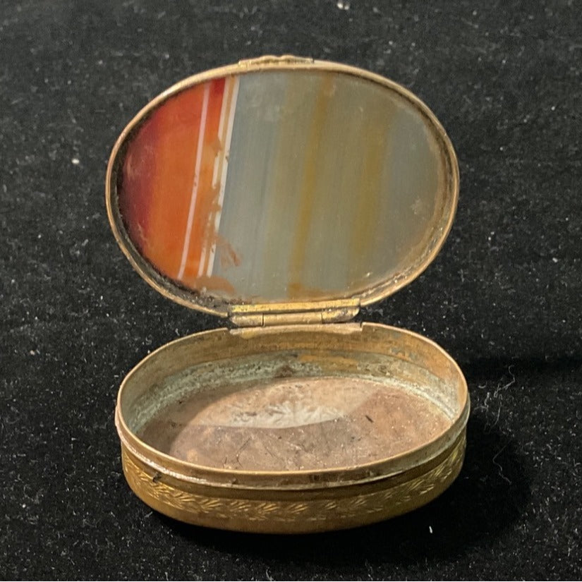 Antique Brass & Agate Hinged Trinket Box With Ornate Carved Detail And Striped Stone Lid