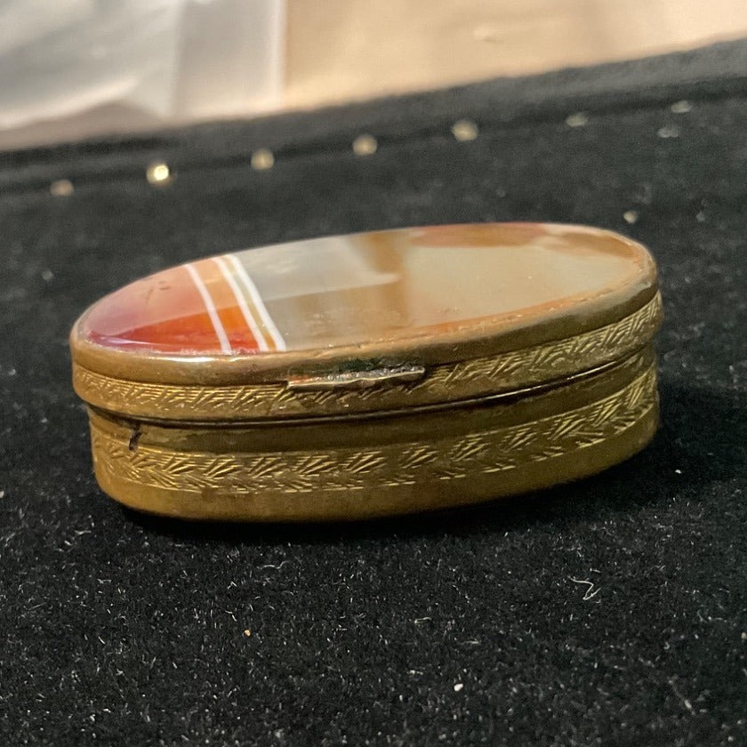 Antique Brass & Agate Hinged Trinket Box With Ornate Carved Detail And Striped Stone Lid