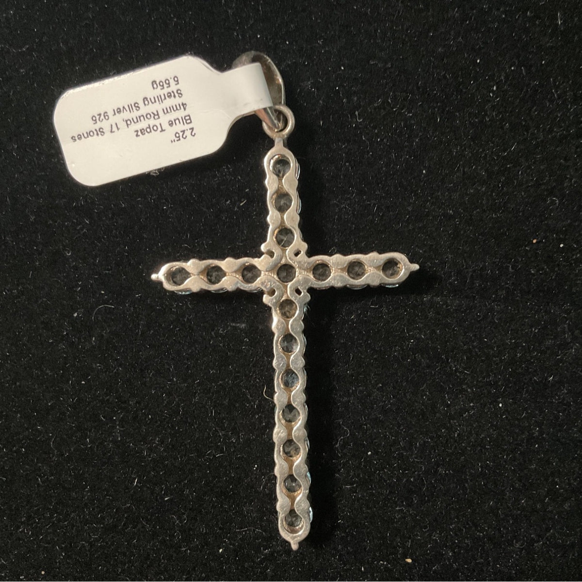 2.25” Blue Topaz Sterling Silver 925 Cross 4mm Round 17 Stones