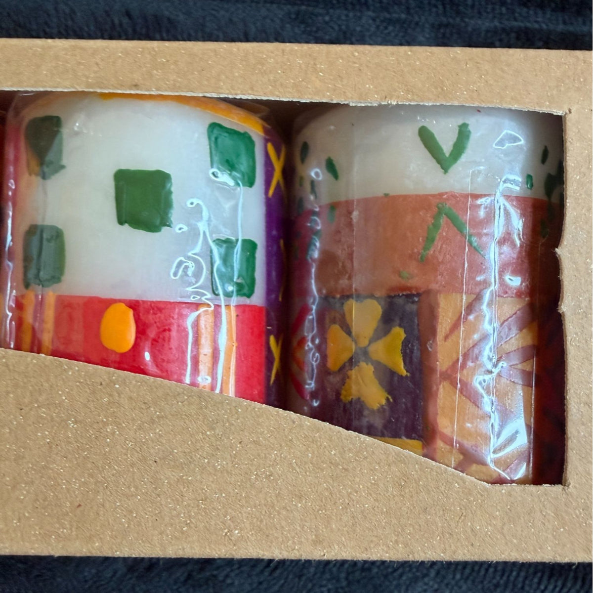 Handmade Fair-Trade Nobunto Indabuko Candles Set Of 3 2.5" Unique Hand-Painted South Africa Vibrant Floral Geometric Patterns Red/White
