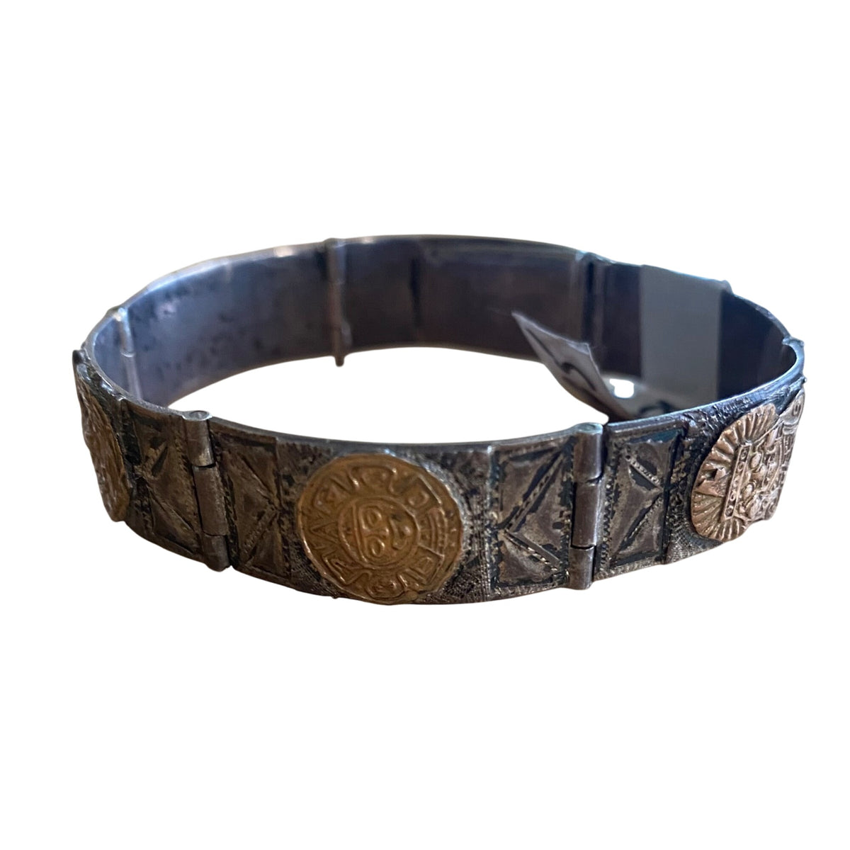 Vintage Mexican Sterling Silver & Gold Accented Panel Bracelet