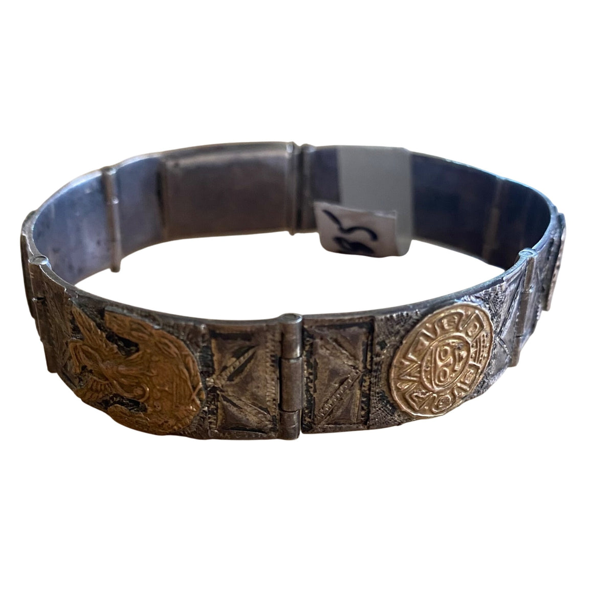 Vintage Mexican Sterling Silver & Gold Accented Panel Bracelet