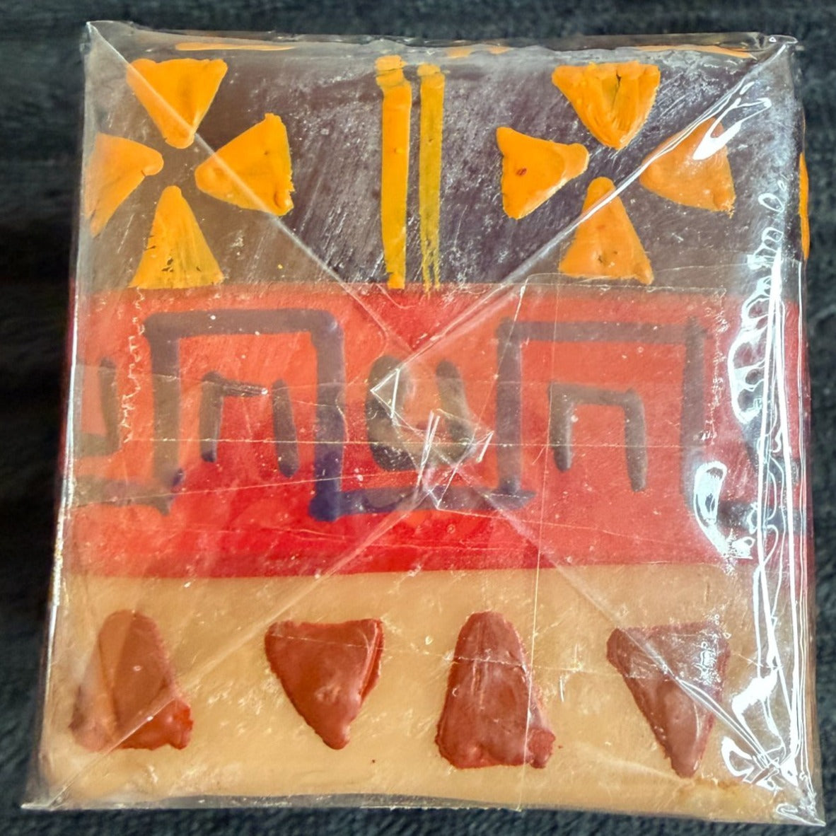 Hand-Crafted Fair-Trade South African Nobunto Indabuko 2.25" Tribal Square Candle Unique Vibrant Design Bold Multi-Colors Orange Red Brown