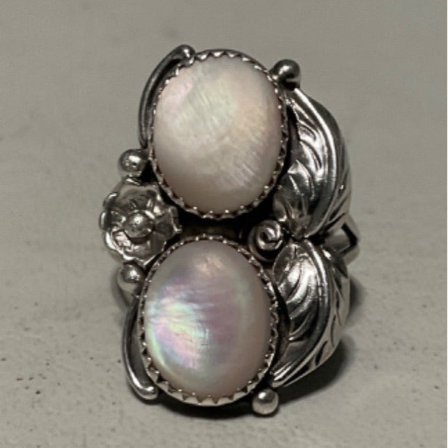 Ring Size 5.5 2 Mother of Pearl 10mm x 8mm Native Possibly Old Pawn Sterling Silver Tested Vintage Jewelry