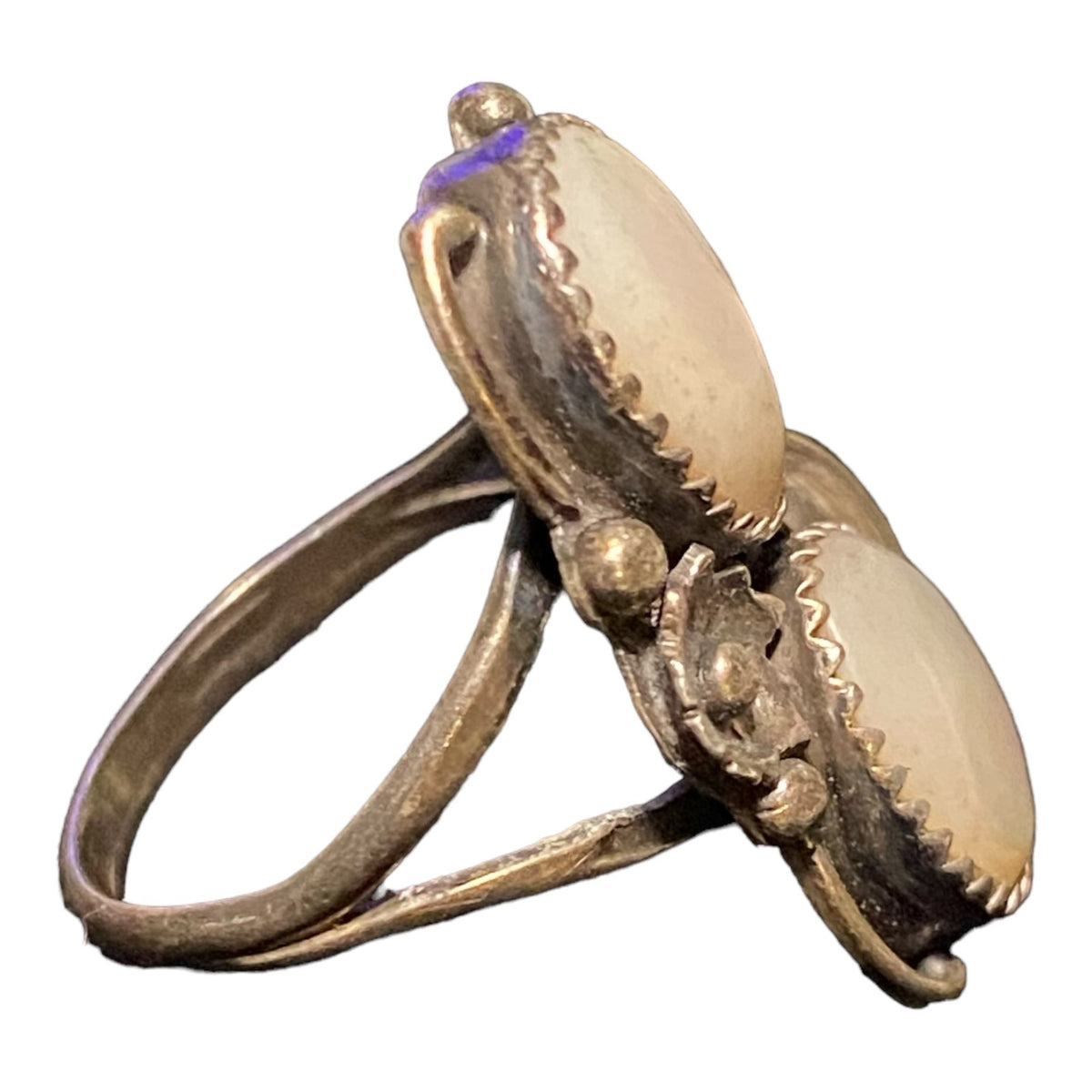 Ring Size 5.5 2 Mother of Pearl 10mm x 8mm Native Possibly Old Pawn Sterling Silver Tested Vintage Jewelry