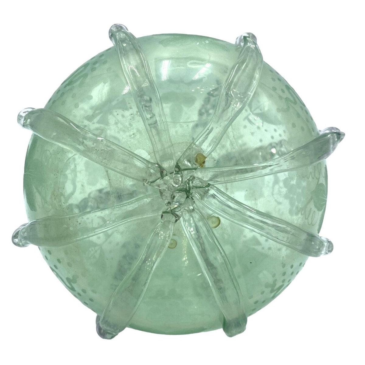Vintage Green Glass Decanter With Etched Sailboat Design & Clear Swirls