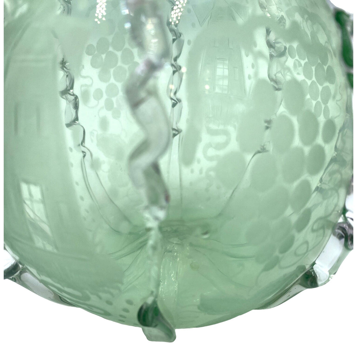 Vintage Green Glass Decanter With Etched Sailboat Design & Clear Swirls