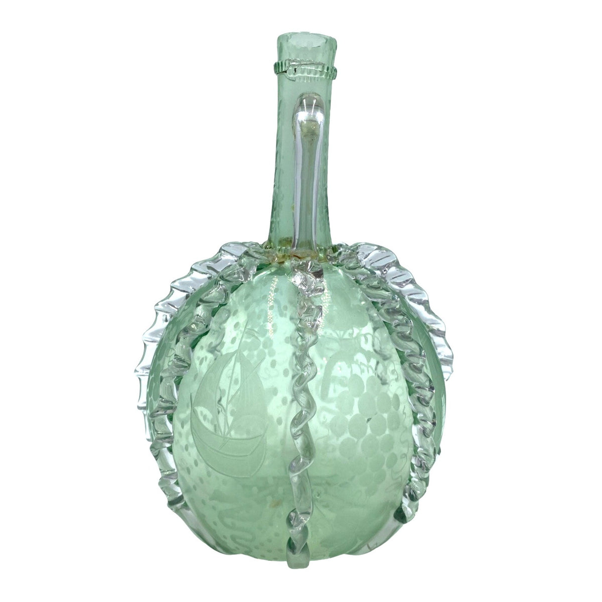 Vintage Green Glass Decanter With Etched Sailboat Design & Clear Swirls