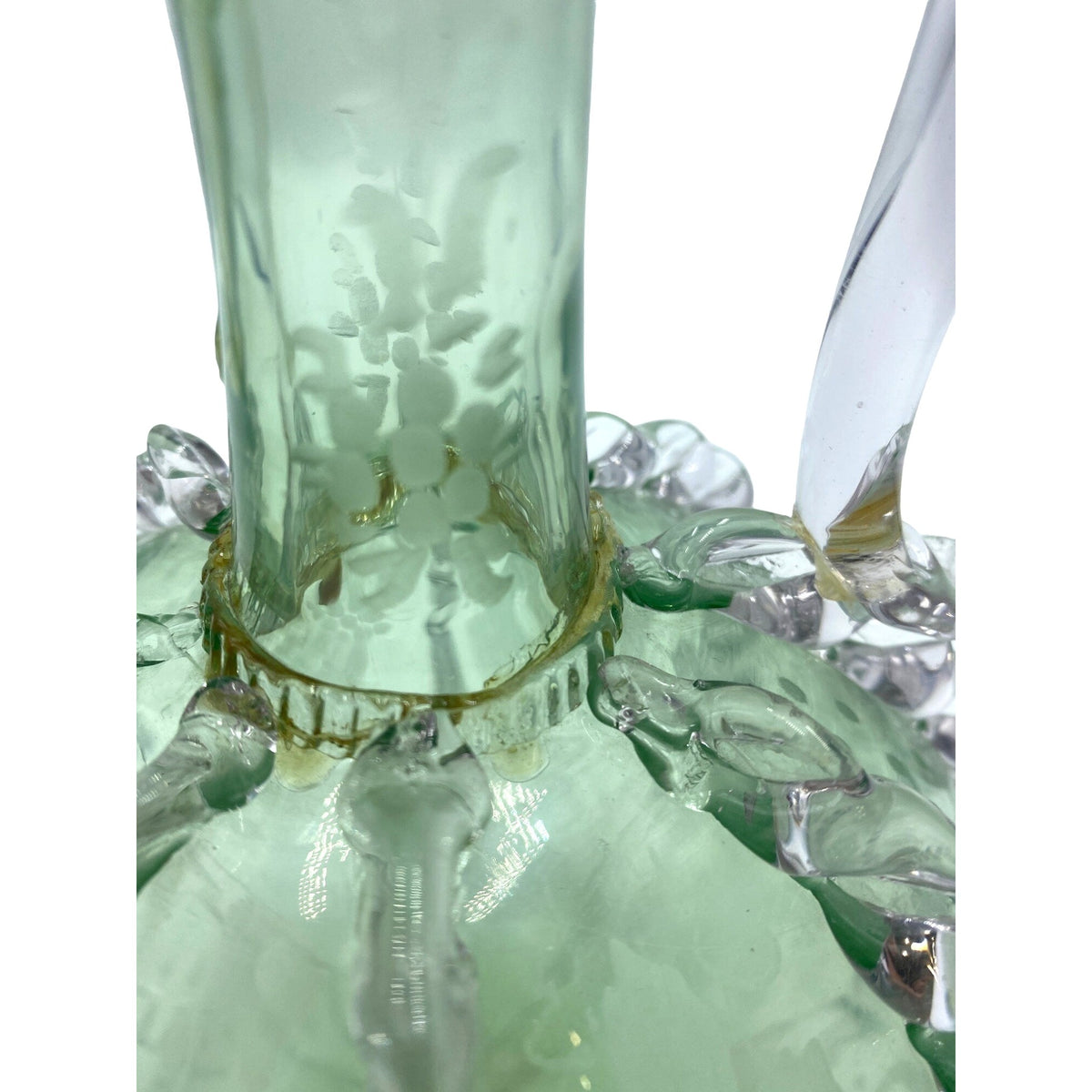 Vintage Green Glass Decanter With Etched Sailboat Design & Clear Swirls
