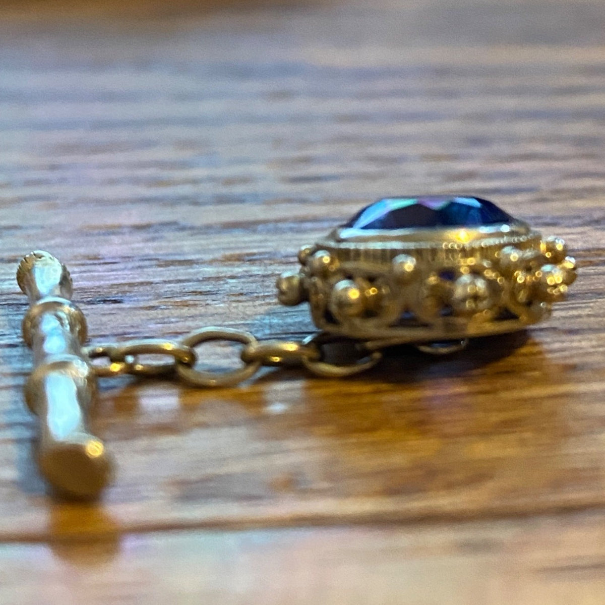 Vintage Sterling Silver Pocket Watch Fob With Sapphire Blue Semi-Precious Gemstone & Chain