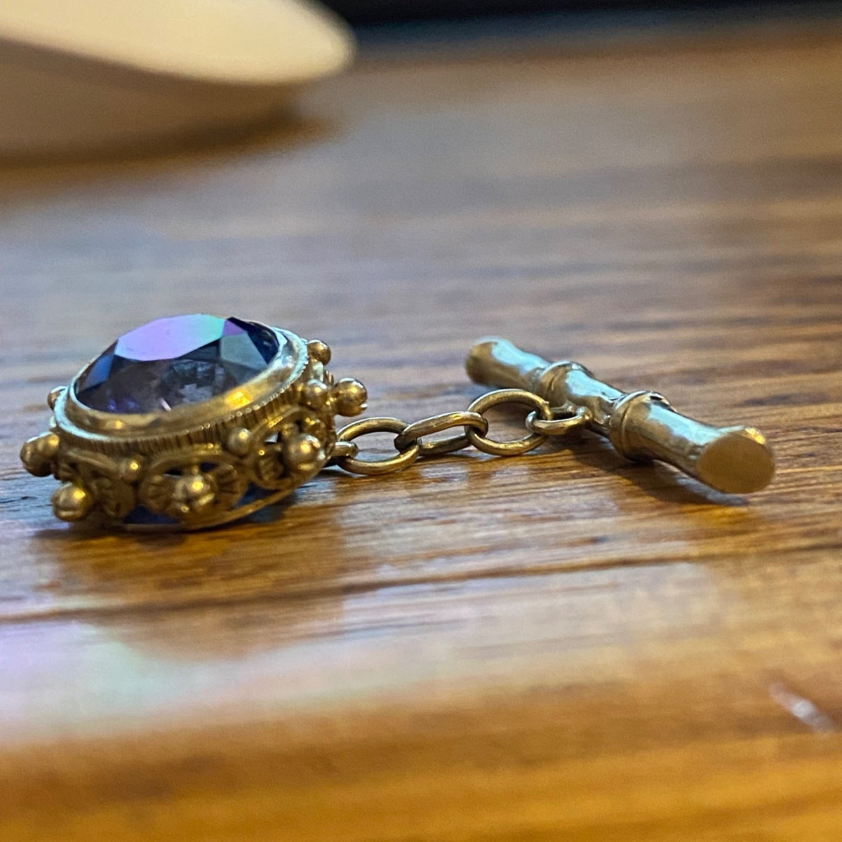 Vintage Sterling Silver Pocket Watch Fob With Sapphire Blue Semi-Precious Gemstone & Chain