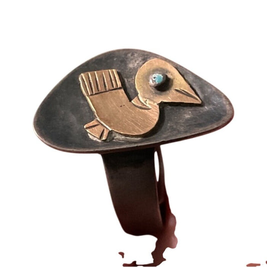 Peruvian Modernist Bird Ring Turquoise or Enamel Eye Sterling Silver 925 Bird is 18K Gold Old Cuzco
