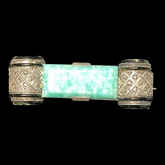 Brooch Amazonite Sterling Silver 925 Marcasite Onyx Vintage Green Silver Black