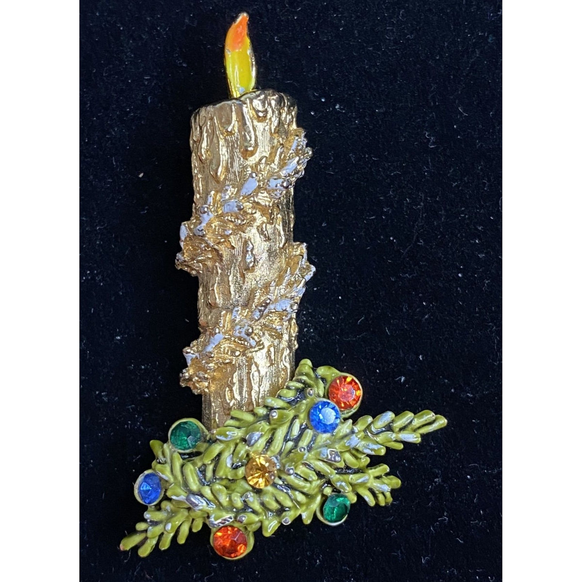 Holiday Christmas Candle Brooch Gold Green Red Blue Jewelry