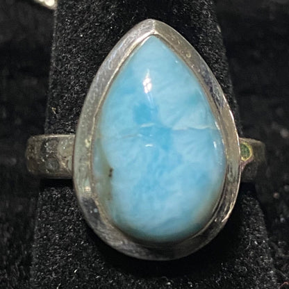 Ring Teardrop Larimar Cabochon 3.345 Carats Size 7.5 Sterling Silver Stamped 925