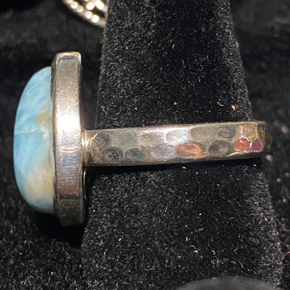 Ring Teardrop Larimar Cabochon 3.345 Carats Size 7.5 Sterling Silver Stamped 925
