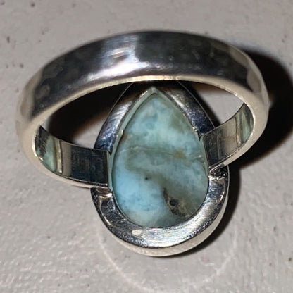 Ring Teardrop Larimar Cabochon 3.345 Carats Size 7.5 Sterling Silver Stamped 925