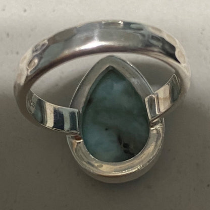 Ring Teardrop Larimar Cabochon 3.345 Carats Size 7.5 Sterling Silver Stamped 925