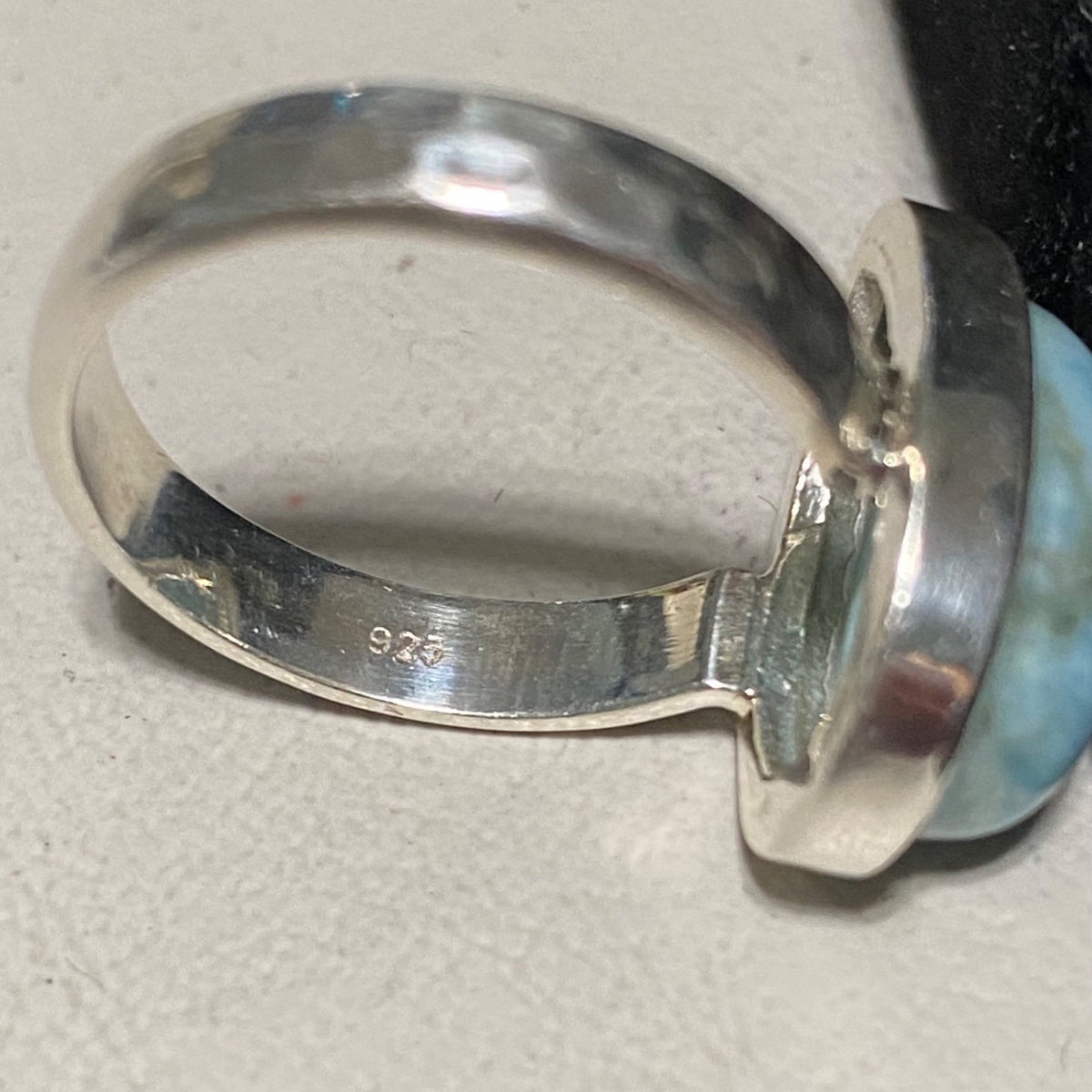 Ring Teardrop Larimar Cabochon 3.345 Carats Size 7.5 Sterling Silver Stamped 925