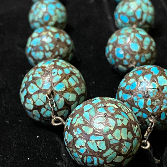 Vintage Turquoise Mosaic Beaded Necklace With Silver Tone Chain