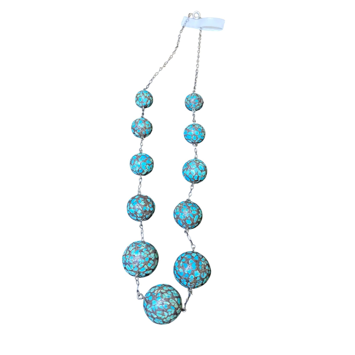 Vintage Turquoise Mosaic Beaded Necklace With Silver Tone Chain