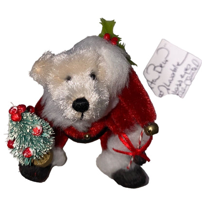 Handmade Debis Miniature Teddy Bear Santa Figurine With Christmas Tree & Holiday Details