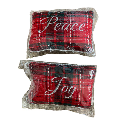 Red & Green Plaid Decorative Throw Pillows 2-Piece Set With "Peace" & "Joy" Script Indoor Use Only 12"x8" Each