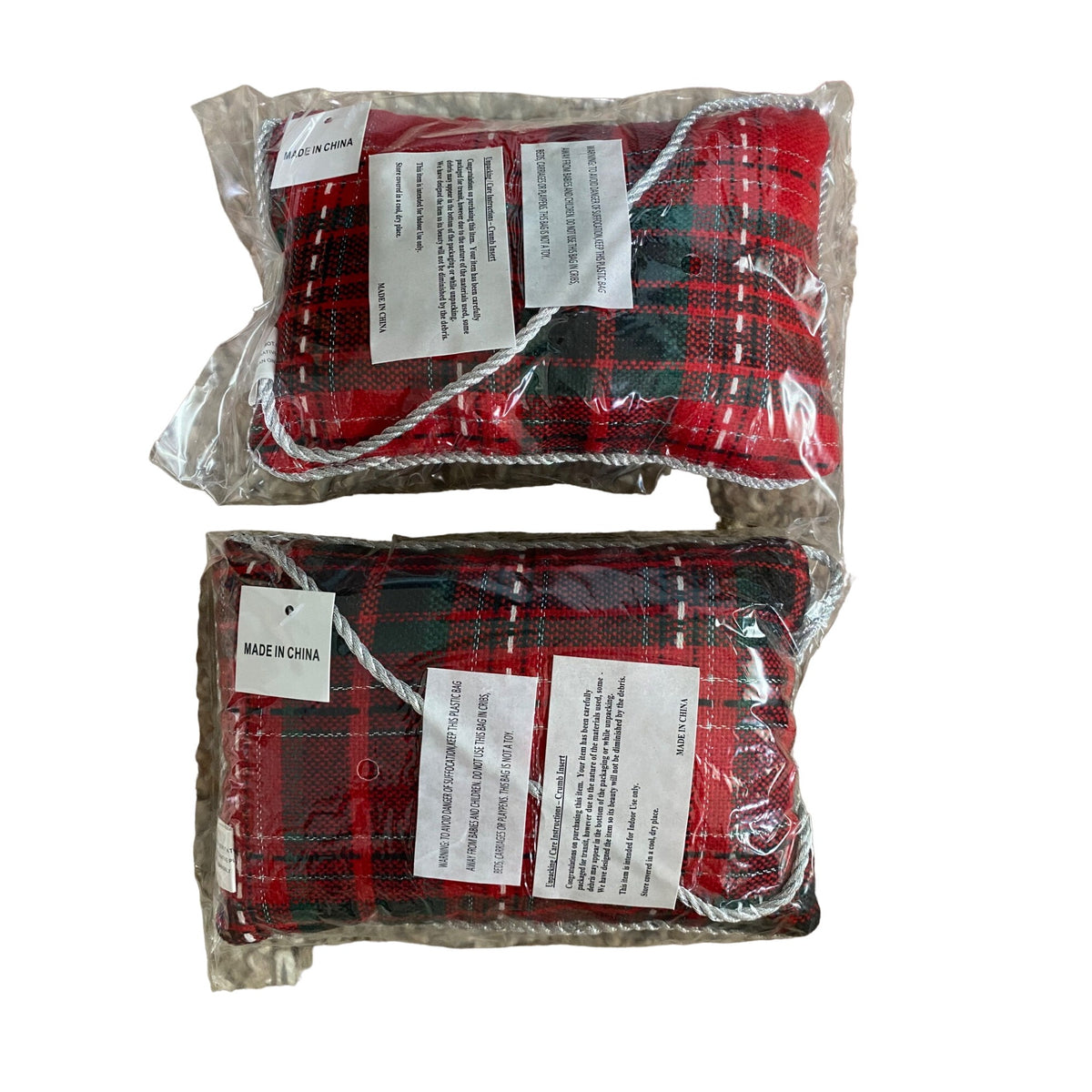 Red & Green Plaid Decorative Throw Pillows 2-Piece Set With "Peace" & "Joy" Script Indoor Use Only 12"x8" Each