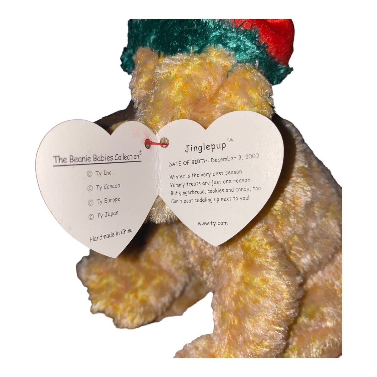 Ty Beanie Babies Jinglepup Dog Plush Collectible 2000 Christmas Holiday Edition W/ Red Santa Hat