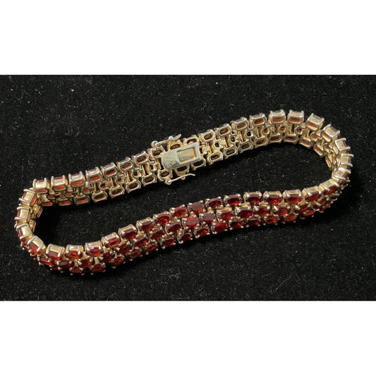 8” Garnet Triple Row Bracelet 122 Oval Faceted Gemstones Pomegranate-Seed-Red SEI Gold-Over Sterling Silver 925 3mm x 2 mm (approximately)