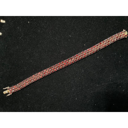 8” Garnet Triple Row Bracelet 122 Oval Faceted Gemstones Pomegranate-Seed-Red SEI Gold-Over Sterling Silver 925 3mm x 2 mm (approximately)