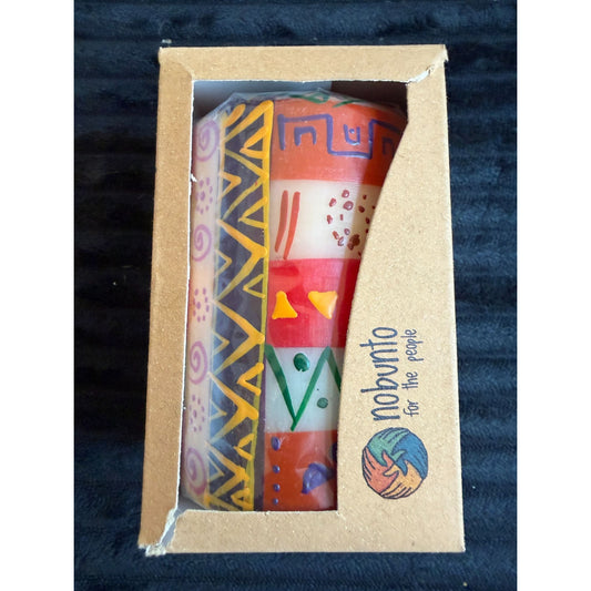 Nobunto Indabuk Hand-Painted Fair Trade South African Candle In Gift Box - Unique 4.5” Paraffin Wax Pillar Colorful Patterns & Non-Toxic