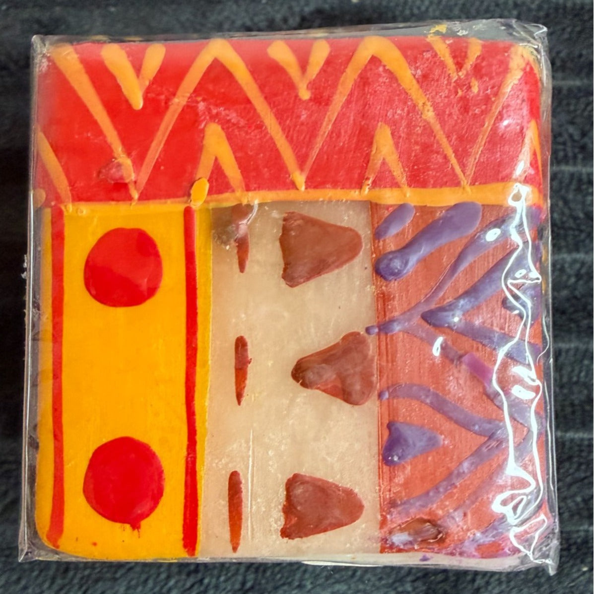 Handmade Fair-Trade Nobunto Indabuko Square Candle 2.25-Inch Vibrant South Africa Colors Red Yellow Purple Unique Artistry Pieces