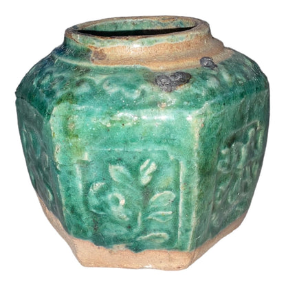 Vintage Green Hexagonal Floral Ceramic Vase
