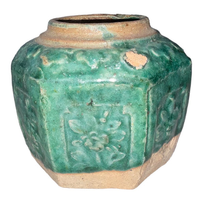 Vintage Green Hexagonal Floral Ceramic Vase