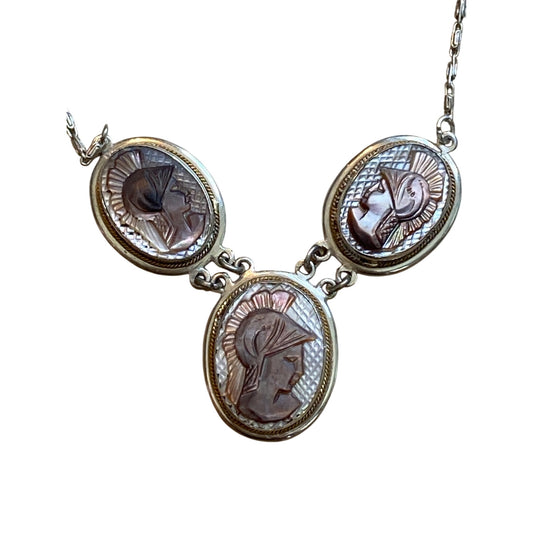 Victorian 800 Silver Shell Cameo Necklace and Bracelet Set With Mother Of Pearl MOP