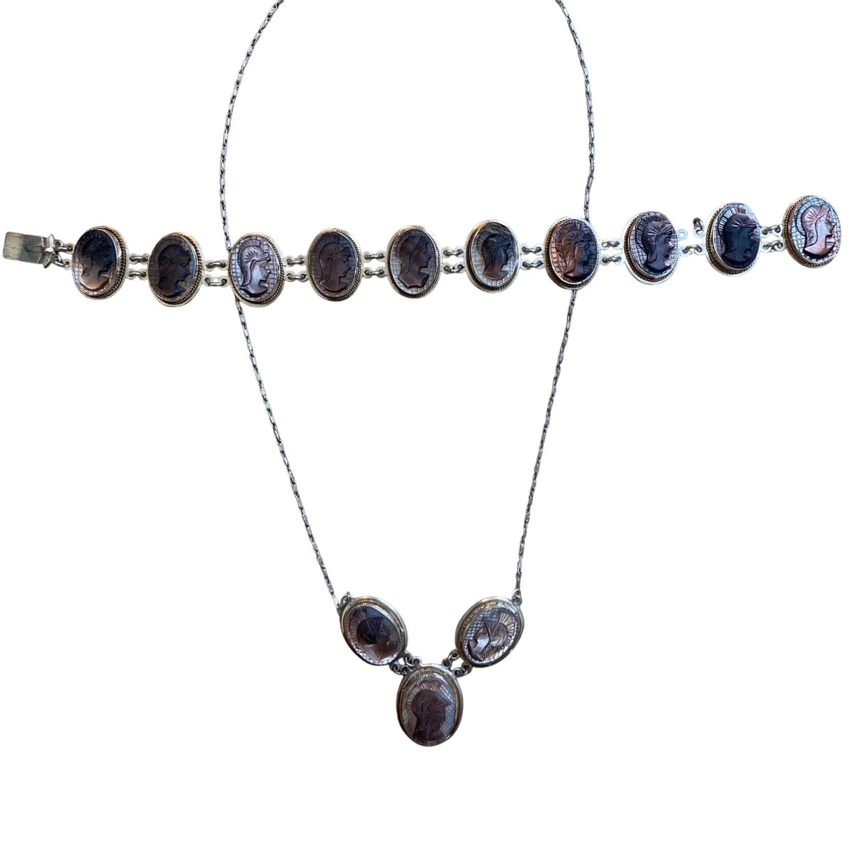 Victorian 800 Silver Shell Cameo Necklace and Bracelet Set With Mother Of Pearl MOP