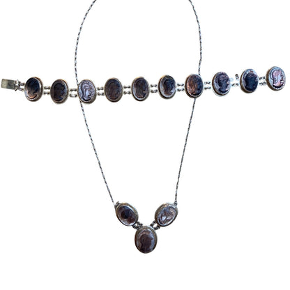Victorian 800 Silver Shell Cameo Necklace and Bracelet Set With Mother Of Pearl MOP