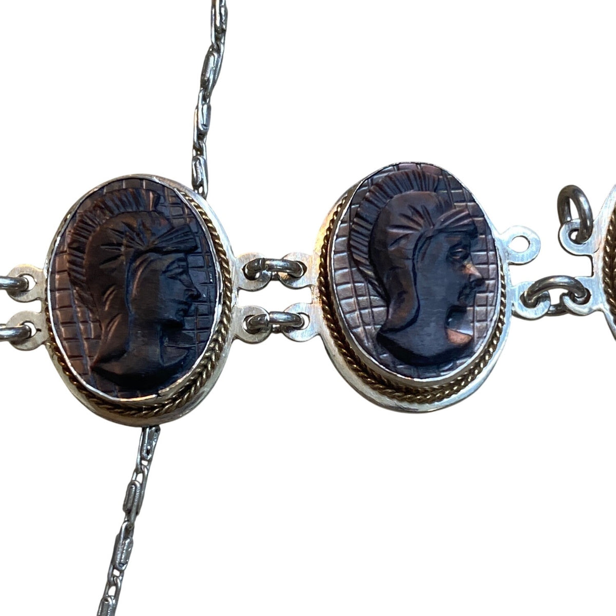 Victorian 800 Silver Shell Cameo Necklace and Bracelet Set With Mother Of Pearl MOP