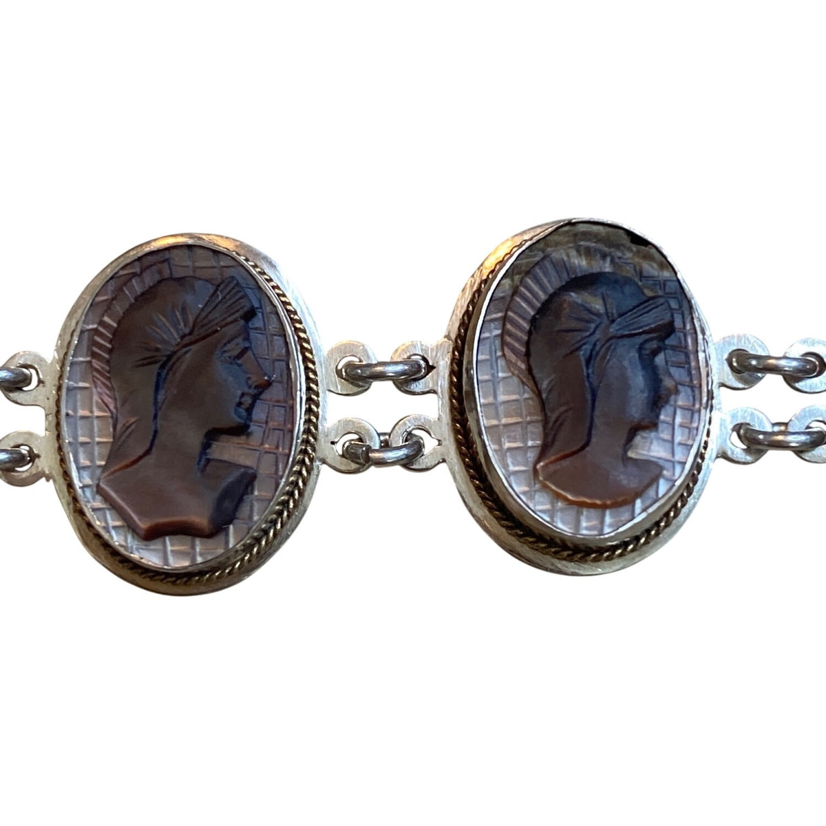 Victorian 800 Silver Shell Cameo Necklace and Bracelet Set With Mother Of Pearl MOP