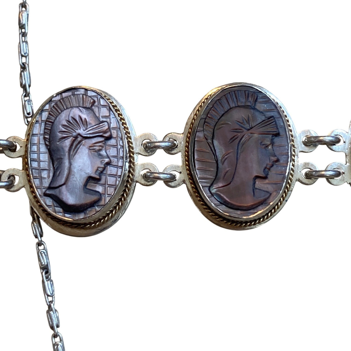 Victorian 800 Silver Shell Cameo Necklace and Bracelet Set With Mother Of Pearl MOP