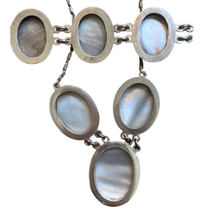 Victorian 800 Silver Shell Cameo Necklace and Bracelet Set With Mother Of Pearl MOP