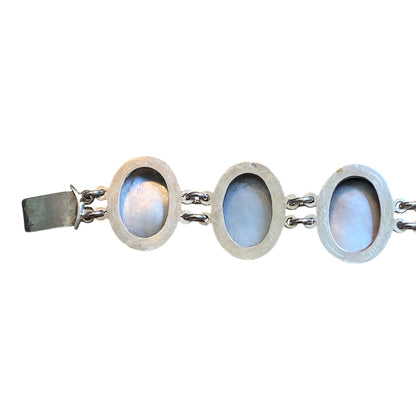 Victorian 800 Silver Shell Cameo Necklace and Bracelet Set With Mother Of Pearl MOP