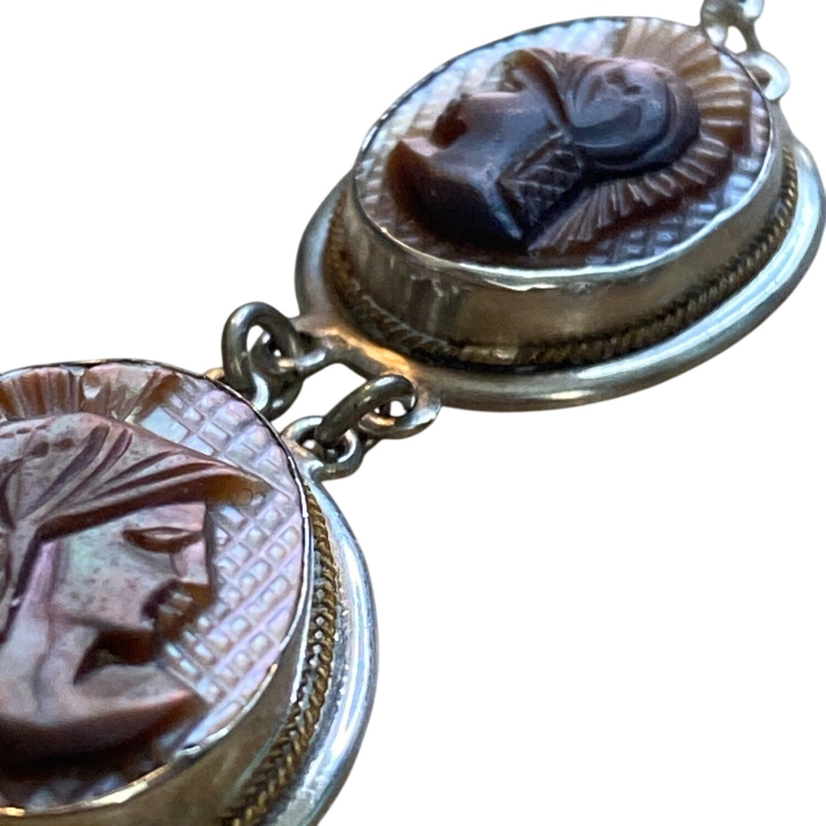 Victorian 800 Silver Shell Cameo Necklace and Bracelet Set With Mother Of Pearl MOP
