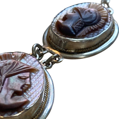 Victorian 800 Silver Shell Cameo Necklace and Bracelet Set With Mother Of Pearl MOP