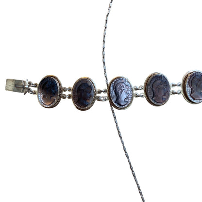 Victorian 800 Silver Shell Cameo Necklace and Bracelet Set With Mother Of Pearl MOP