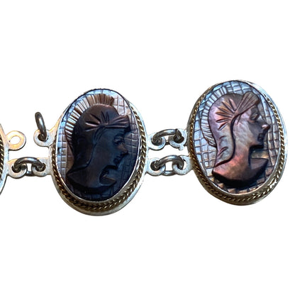 Victorian 800 Silver Shell Cameo Necklace and Bracelet Set With Mother Of Pearl MOP