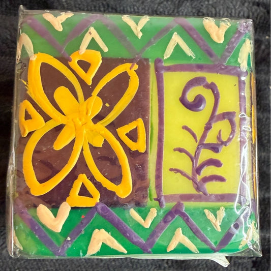 Handmade Fair-Trade Nobunto Matuko South African Square Candle - Vibrant Colors Unique Floral & Geometric Design 2.25"