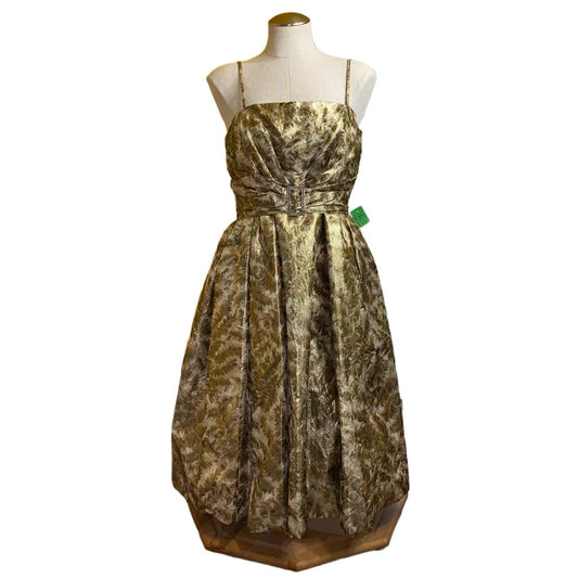 Handmade Gold & Brown Fern Print Dress W/ Crystal-Like Belt Buckle Spaghetti Straps Knee Length Medium/Large Fit