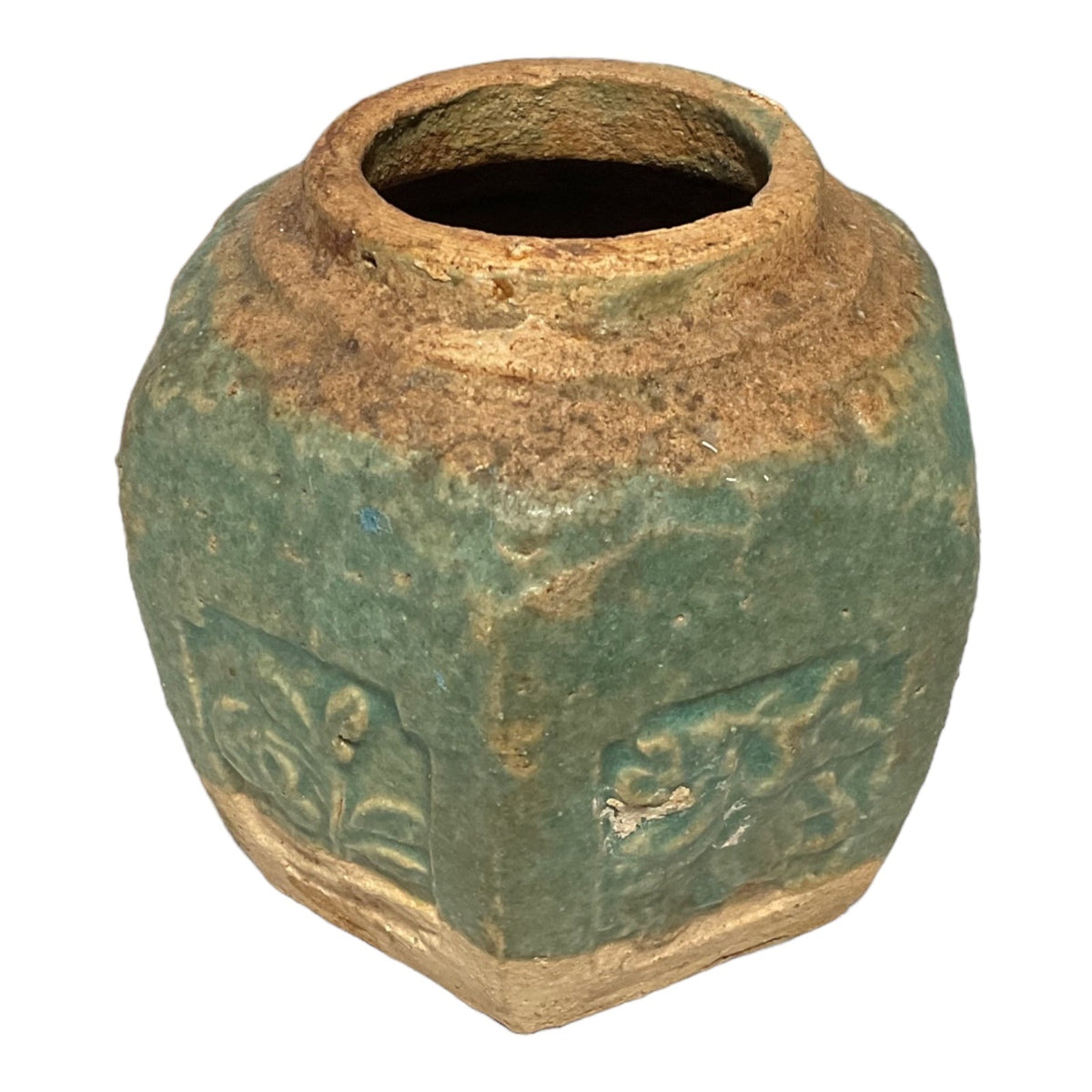 Qing Dynasty Ginger Pot Jar Vase Glazed Earthenware Green c1900 Floral Design Shiwan Meiji